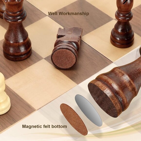 Magnetic Wooden Chess Set for Adults Kids 15'' Chess Board with Handmade Pieces, - Picture 5 of 8